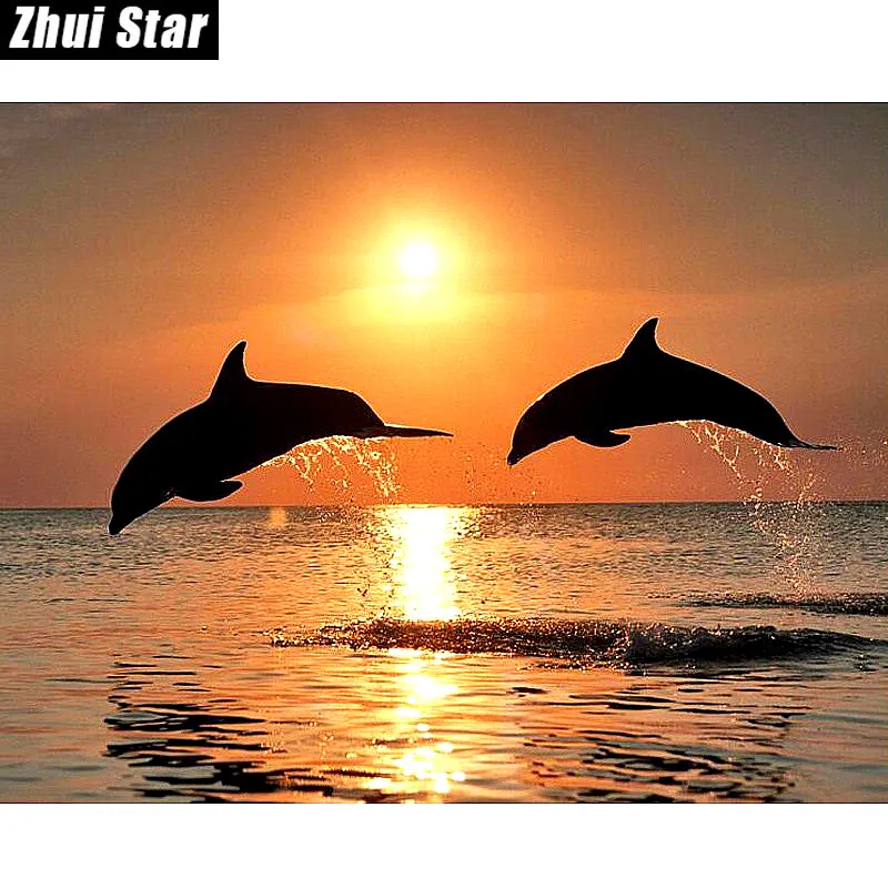 New 5D DIY Diamond Painting Dolphin Embroidery Full Square Diamond Cross Sunset Water Dolphin Rhinestone Mosaic Painting - 40X50