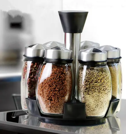 7pcs/set Condiment Set Pepper and Salt Cruet glass Kitchen Spice Rack Set,6pcs J