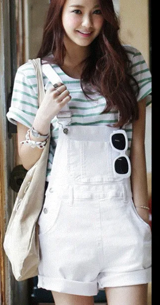 Candy colored denim strap denim overalls female jumpsuit White - Shop at LoveMi