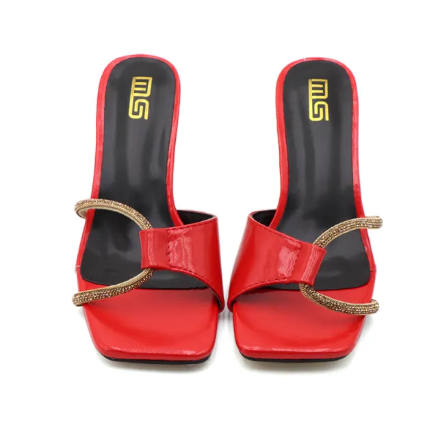 Square Head Rhinestone Toe Slip On Large Size High Heel Ladies Slippers Red - Shop at LoveMi