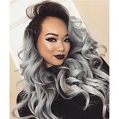 2 Tones synthetic lace wig grey black Ombre wavy wigs long curly hair - Shop at LoveMi