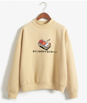 Sushi Printed Round Collar Fleeced Sweatershirt