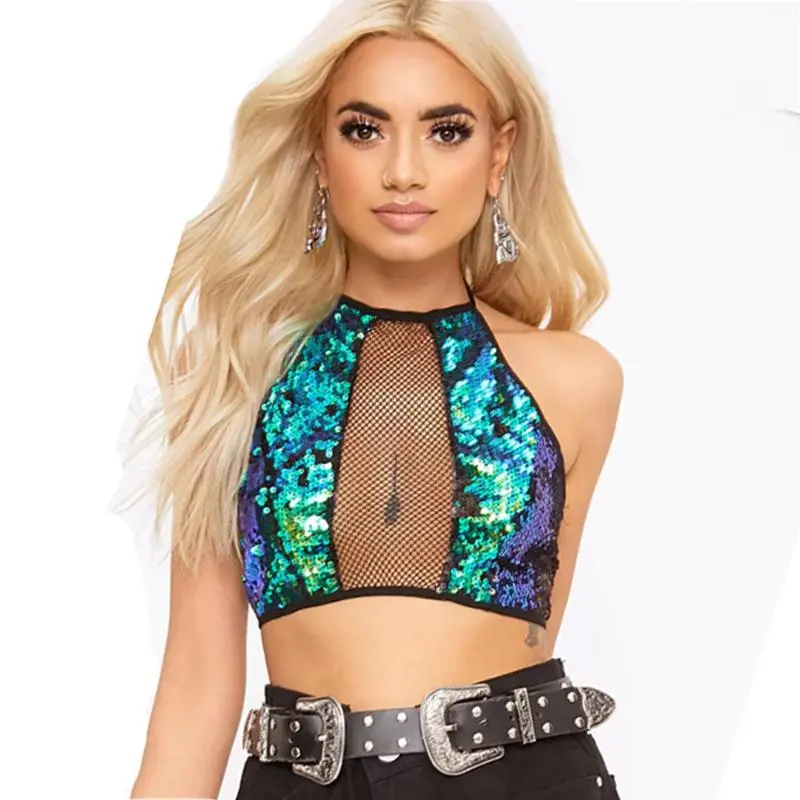 Green Sequin Sexy Crop Top - Green