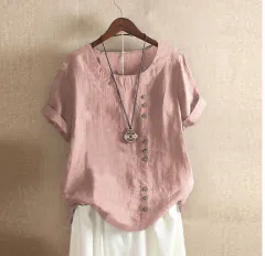 Retro Plus Size Casual Loose Cotton And Linen Short-sleeved Pullover T-shirt - Pink - View 1