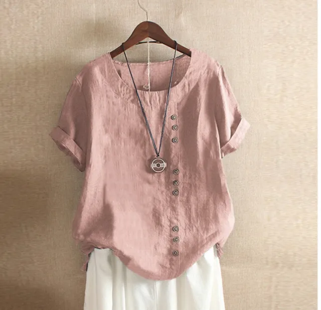 Retro Plus Size Casual Loose Cotton And Linen Short sleeved Pullover T shirt Pink - Shop at LoveMi
