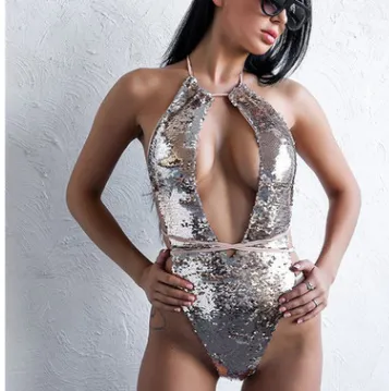 European And American Sequined Ladies One-piece Sexy Halter Bikini - White