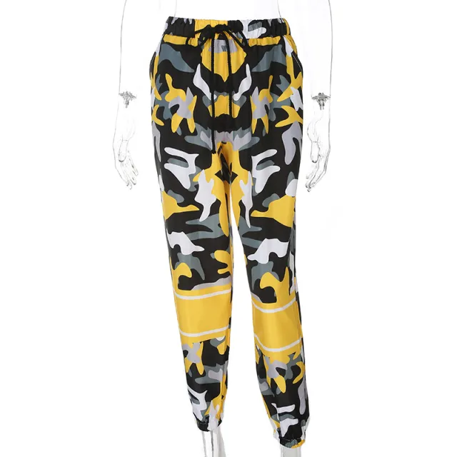 New camouflage hit color high waist casual pants Yellow - Shop at LoveMi
