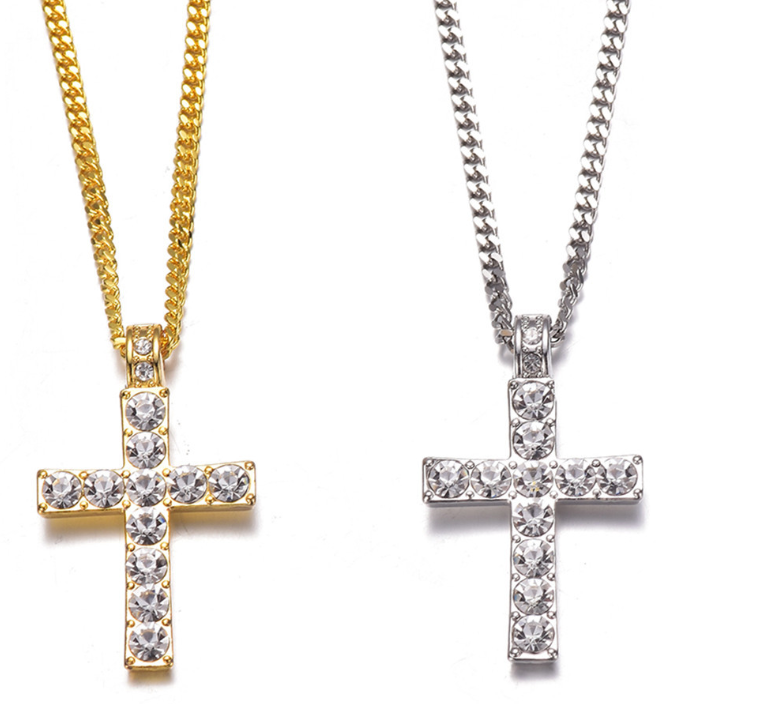 GOLD & SILVER CROSS PENDANT NECKLACE ICED OUT