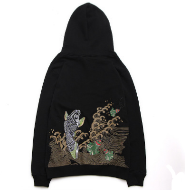 Chinese style squid embroidered Japanese tide brand Goku printing hip-hop cotton wool collar men's hooded sweater