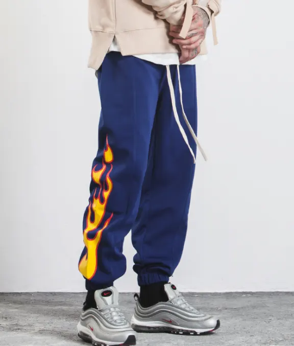Hop Pants Flame Print Women Men Red Black Blue