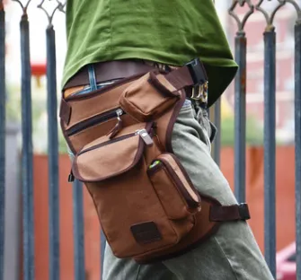 Ares canvas leg men's multi-functional leg outdoor men and women casual tactical bag pockets ride Marching fans waist bag - Brown