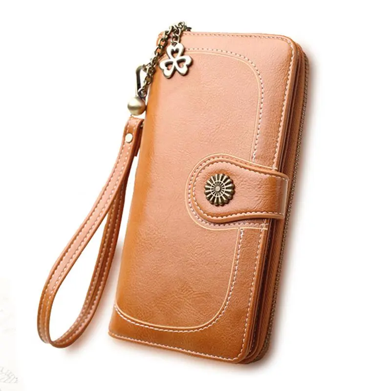Split Leather Long Wallet for Women - Brown