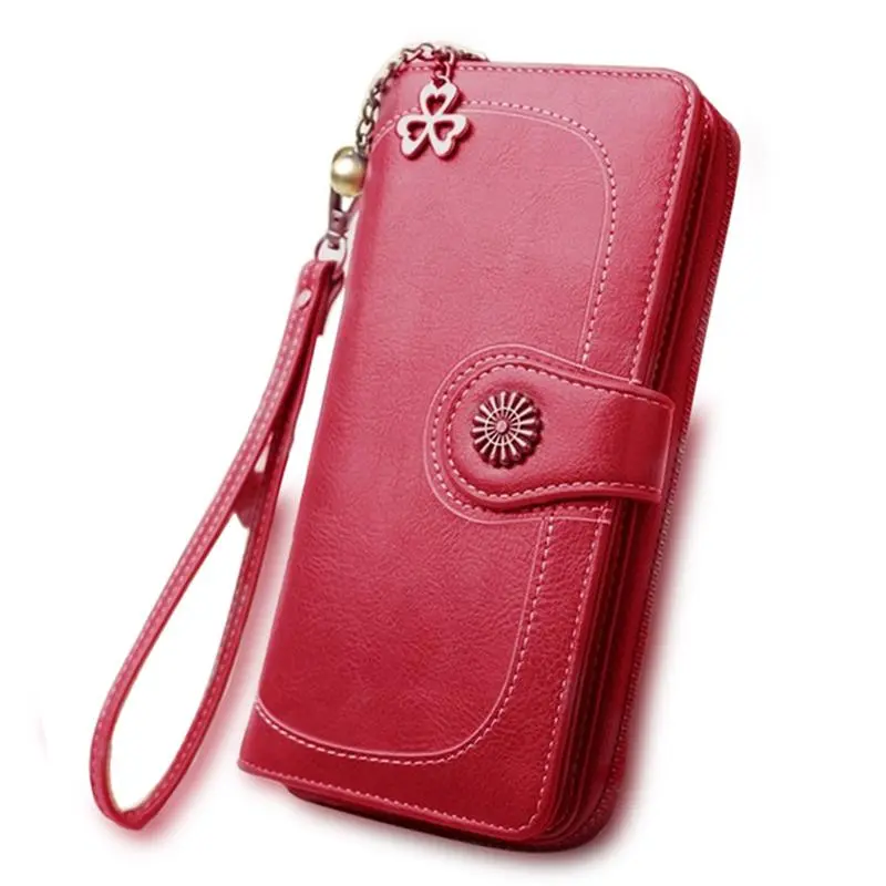 Split Leather Long Wallet for Women - Red