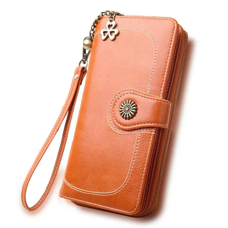 Split Leather Long Wallet for Women - Orange