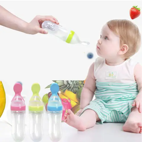 Safe Newborn Baby Feeding Bottle Toddler Silicone Squeeze Spoon