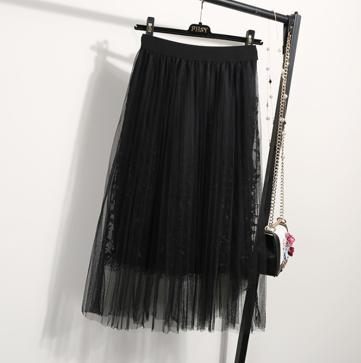 Elegant Tulle Floral Embroidery A-line Mesh Midi Skirt
