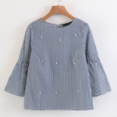 Pearl Decoration O-neck Trumpet Sleeve Top