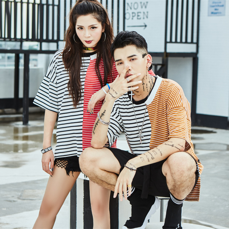 Korean Version Of Loose Striped T-shirt Smallsplice Color Cotton Short Sleeved T-shirt Irregular Fake Two Couples Male.