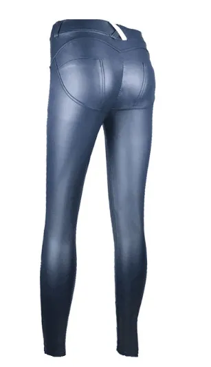 Women's Peach Hip Color High Elastic Leather Pants - Navy Blue