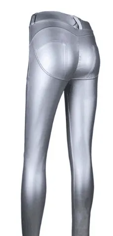 Women's Peach Hip Color High Elastic Leather Pants - Silver - View 1