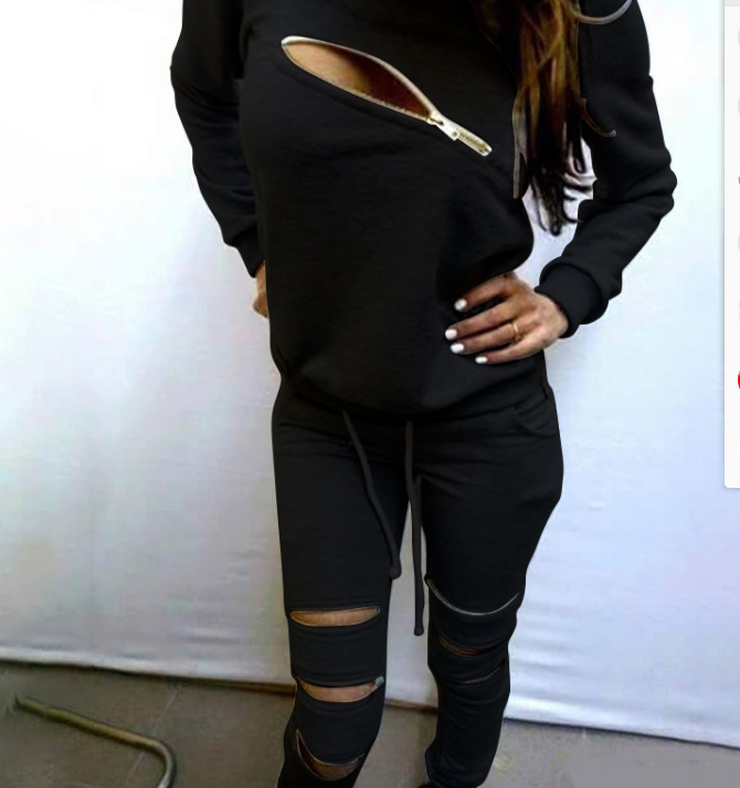 Europe and the United States fashion new trend sexy zipper long-sleeved casual sweater suit plus velvet sweater two suit women