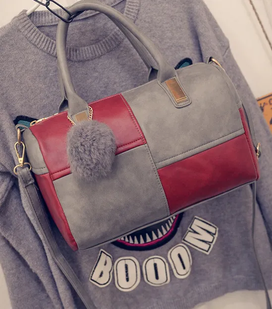 Japan and South Korea wool ball stitching Boston bag fashion zipper female bag new women bag handbag Red - Shop at LoveMi