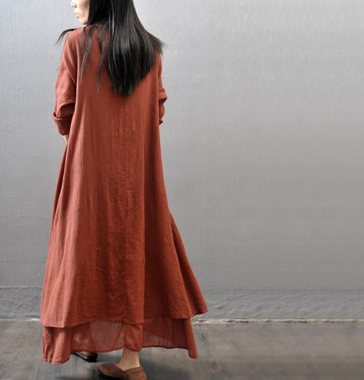 Spring and Autumn leave two pieces of dress literary large linen dress loose long-sleeved cotton and linen skirt