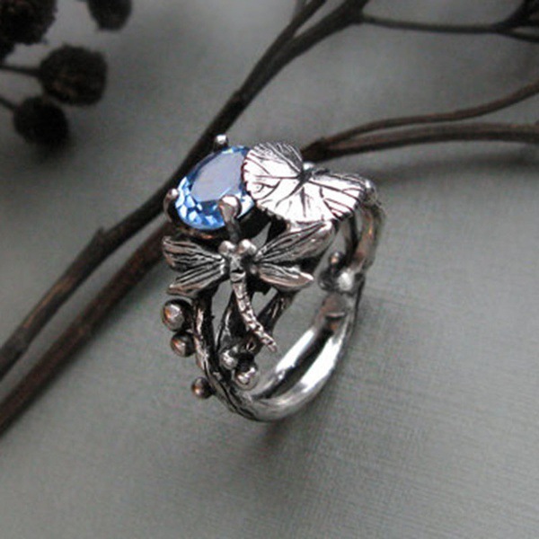 Hot, creative, dragonfly, lotus ring, female, European and American retro Thai silver inlaid topaz rings.