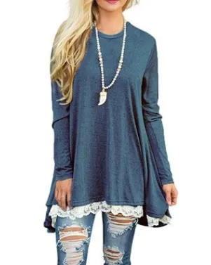 Autumn and winter lace stitching large size round neck sleeve long sleeved T shirt dress Blue - Shop at LoveMi