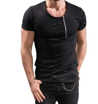 Men's Short-sleeved Zipper Decoration Torn T-shirt