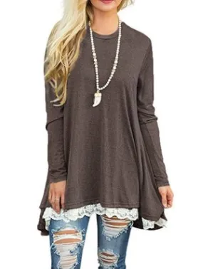 Autumn and winter lace stitching large size round neck sleeve long sleeved T shirt dress Brown - Shop at LoveMi
