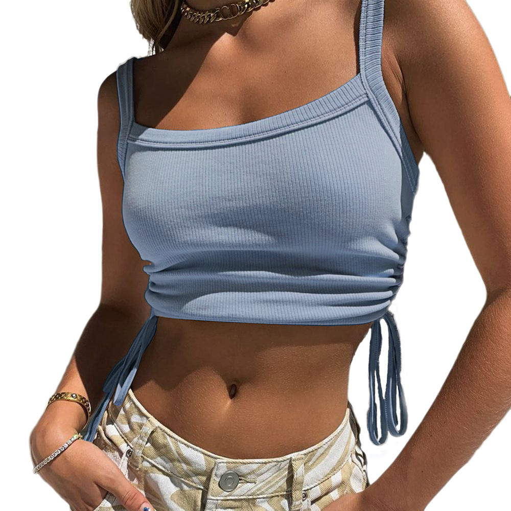 Solid Color Thread Pit Strip Square Neck Camisole Tank Top