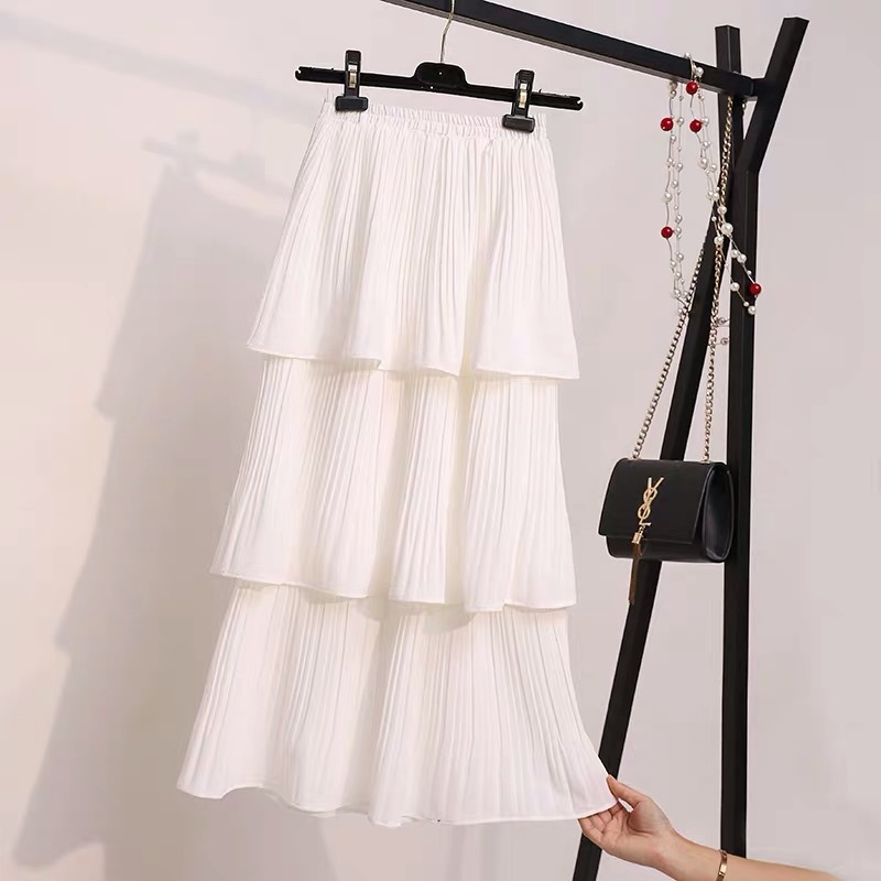 Cake Women's Spring And Summer Chiffon White Student Pleated Midi Skirt