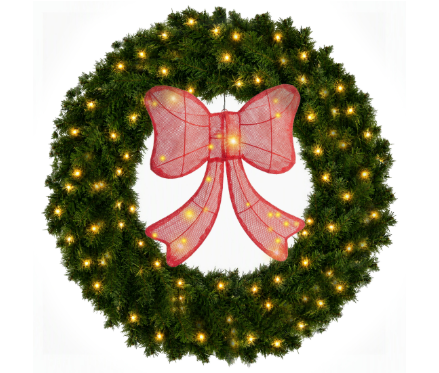 Pre-assembled Christmas Wreath, Equipped With Warm White LED Lights And Glowing Red Bows