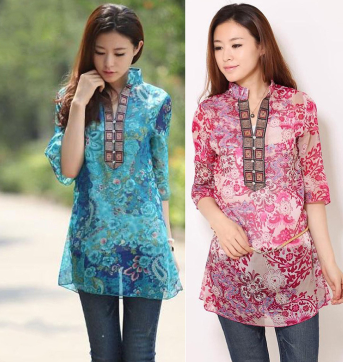 National Style Chiffon 3 Quarter Sleeve Printing Blouse