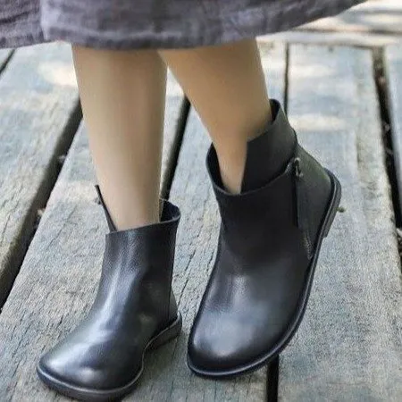 Autumn And Winter Casual Flat heeled Soft soled Retro Ankle Boots With Leather Stitching Black - Shop at LoveMi