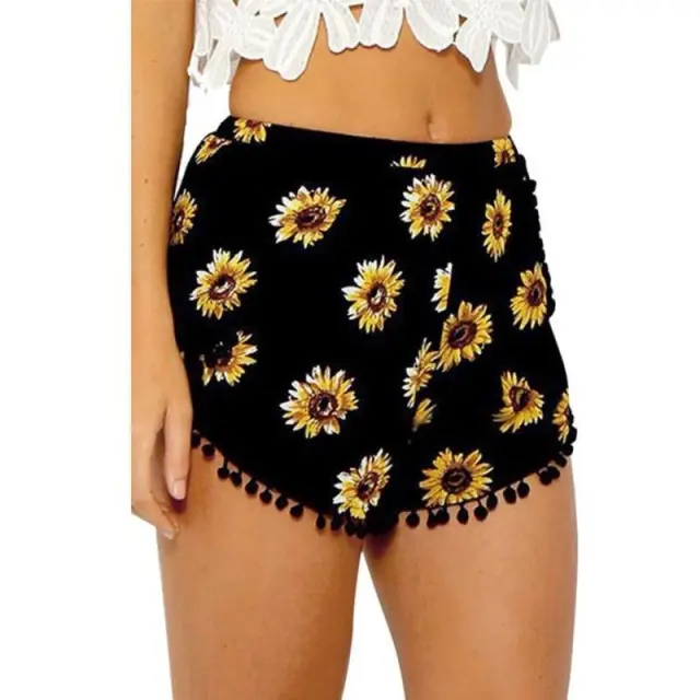European and American foreign trade summer new women's ball ball sunflower printed elastic waist beach pants shorts Black - Shop at LoveMi