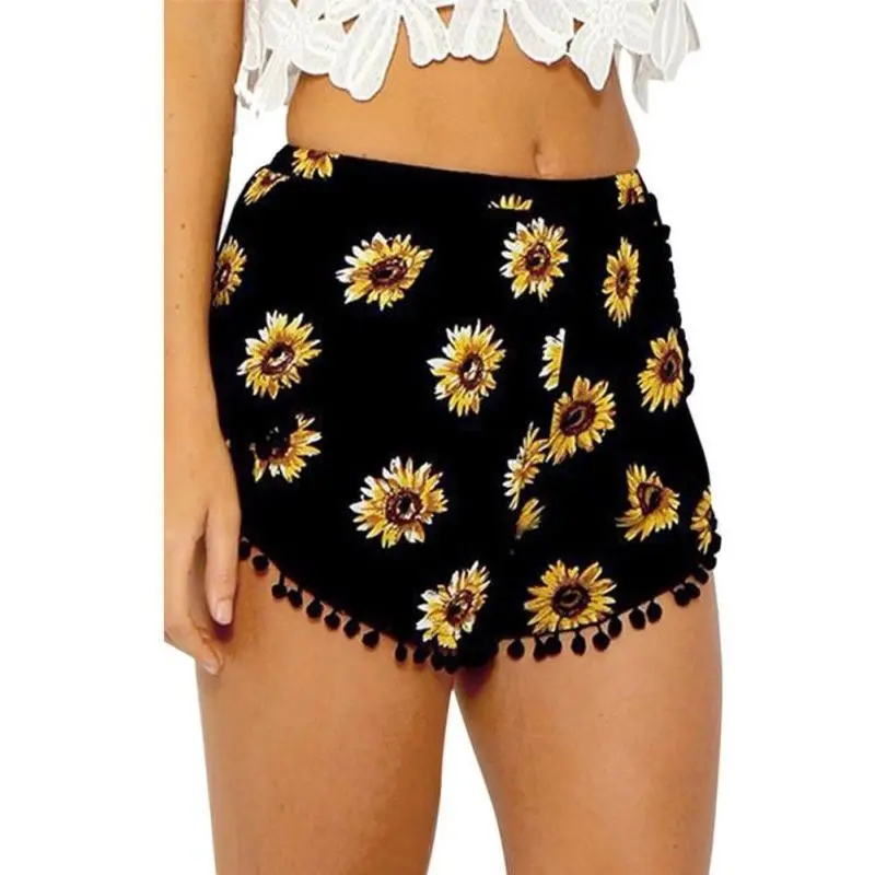 European and American foreign trade summer new women's ball ball sunflower printed elastic waist beach pants shorts - Black