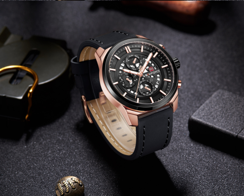 Ling Xiang NAVIFORCE new men's three-needle hollow design leather strap waterproof sports watch