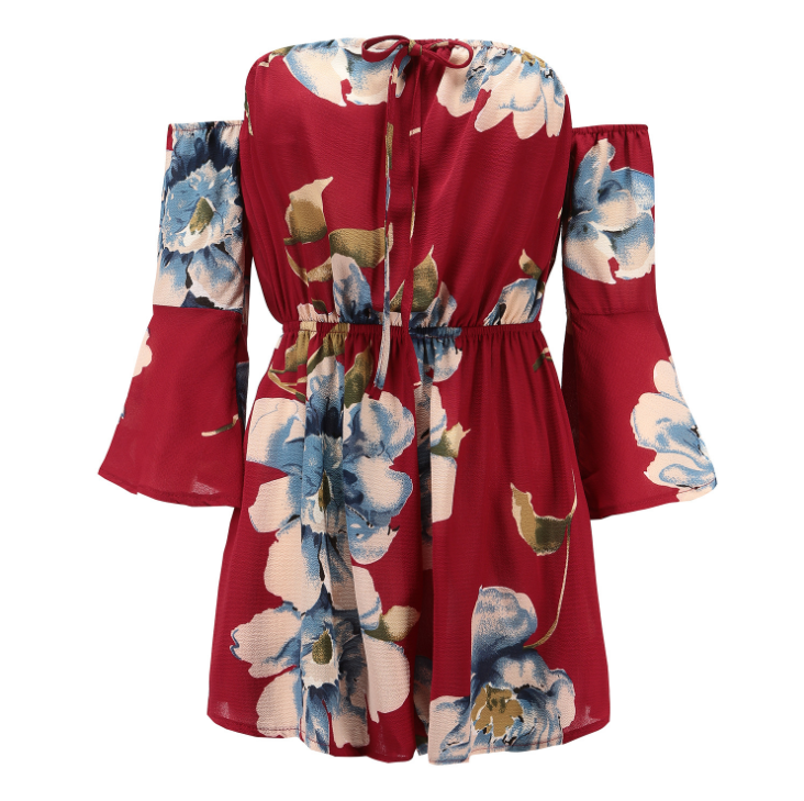 Off Shoulder Printing Jumpsuit Wine - Shop at LoveMi