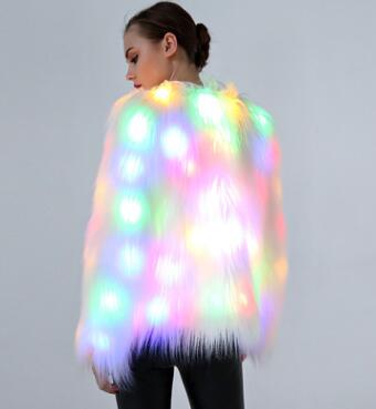 Women Faux Fur Outwear Winter Light Up Burning Glow Fluffy Sparking Rainbow LED Costume Waistcoat