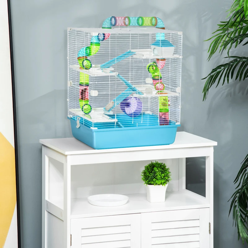 Hamster Cage With Tubes And Tunnels, Portable Carry Handles, Rat House And Habitats Big 5-Tier Design, Mouse Cage Includes Exercise Wheel, Water Bottle, Food Dish, Light Blue