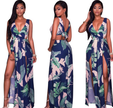 Printed, slit, backless, v-shaped nightclub dress