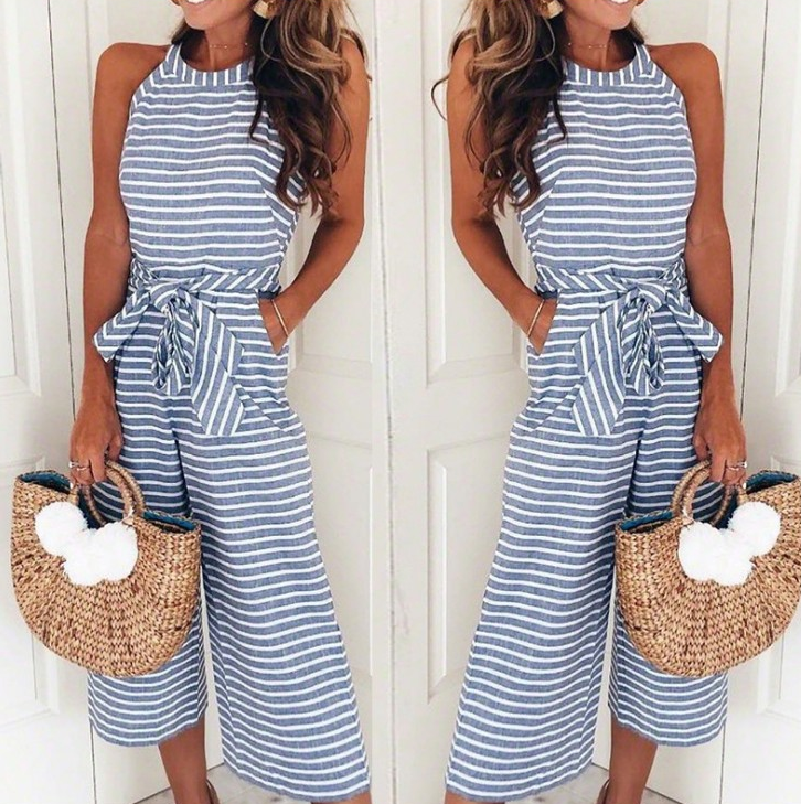 speed sell new fashion slim tie sexy striped crew neck jumpsuit