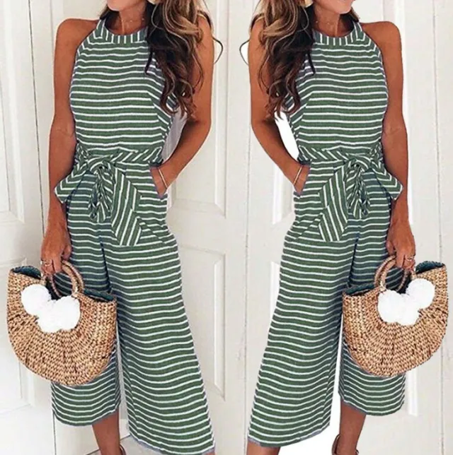 speed sell new fashion slim tie sexy striped crew neck jumpsuit Green - Shop at LoveMi