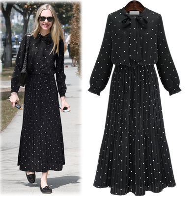 women's polka dot printed long sleeve dress Bohemian pleated dress