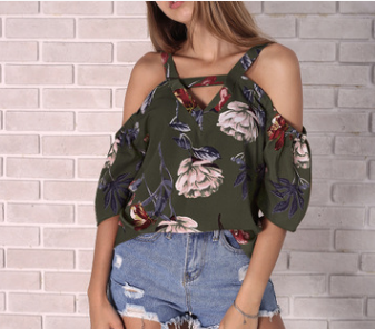 T-shirt printed with short sleeves and shoulder exposed v-neck sling for women