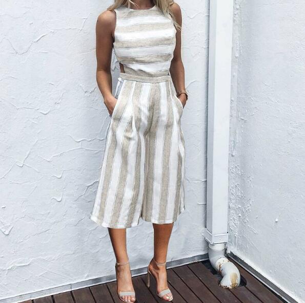 Ladies One-piece  Back Loose Wide-leg 7-point Cotton And Linen Jumpsuit