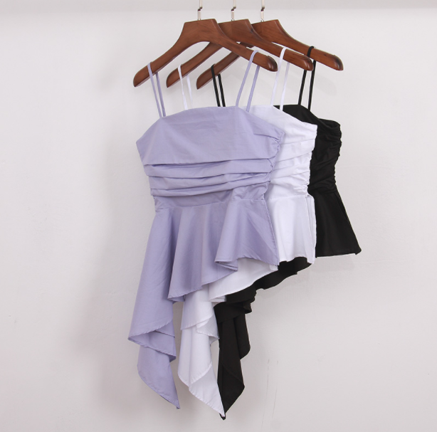 summer new irregular self-cultivation folds hem ruffle side zipper slim temperament backless sling top