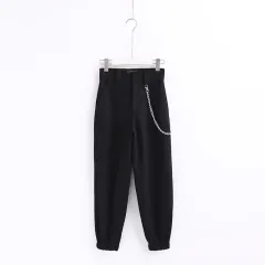 spring and summer new street style fashion foot elastic band casual pants women's slim nine pants overalls - Black - View 1